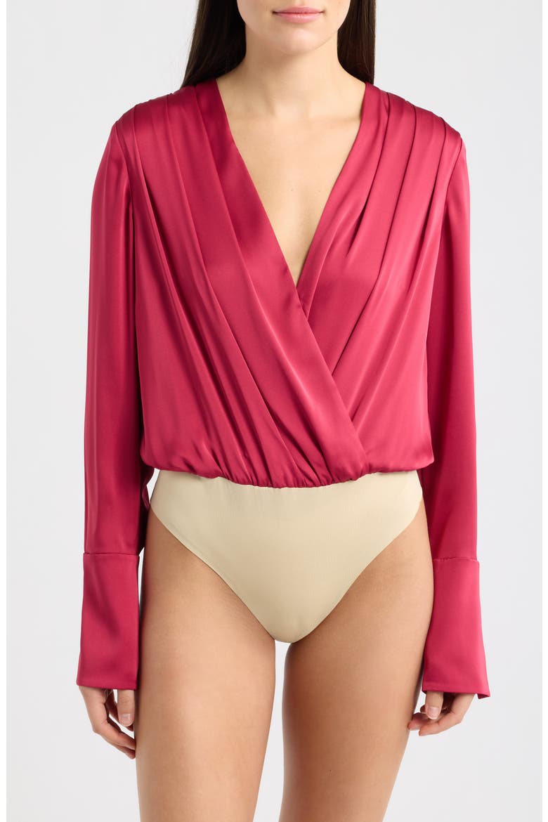 Surplice Long Sleeve Satin Bodysuit, Alternate, color, RASPBERRY