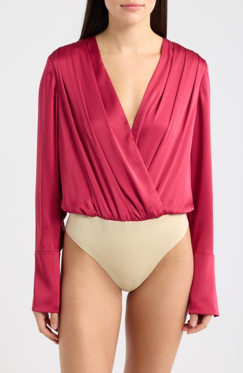 Surplice Long Sleeve Satin Bodysuit