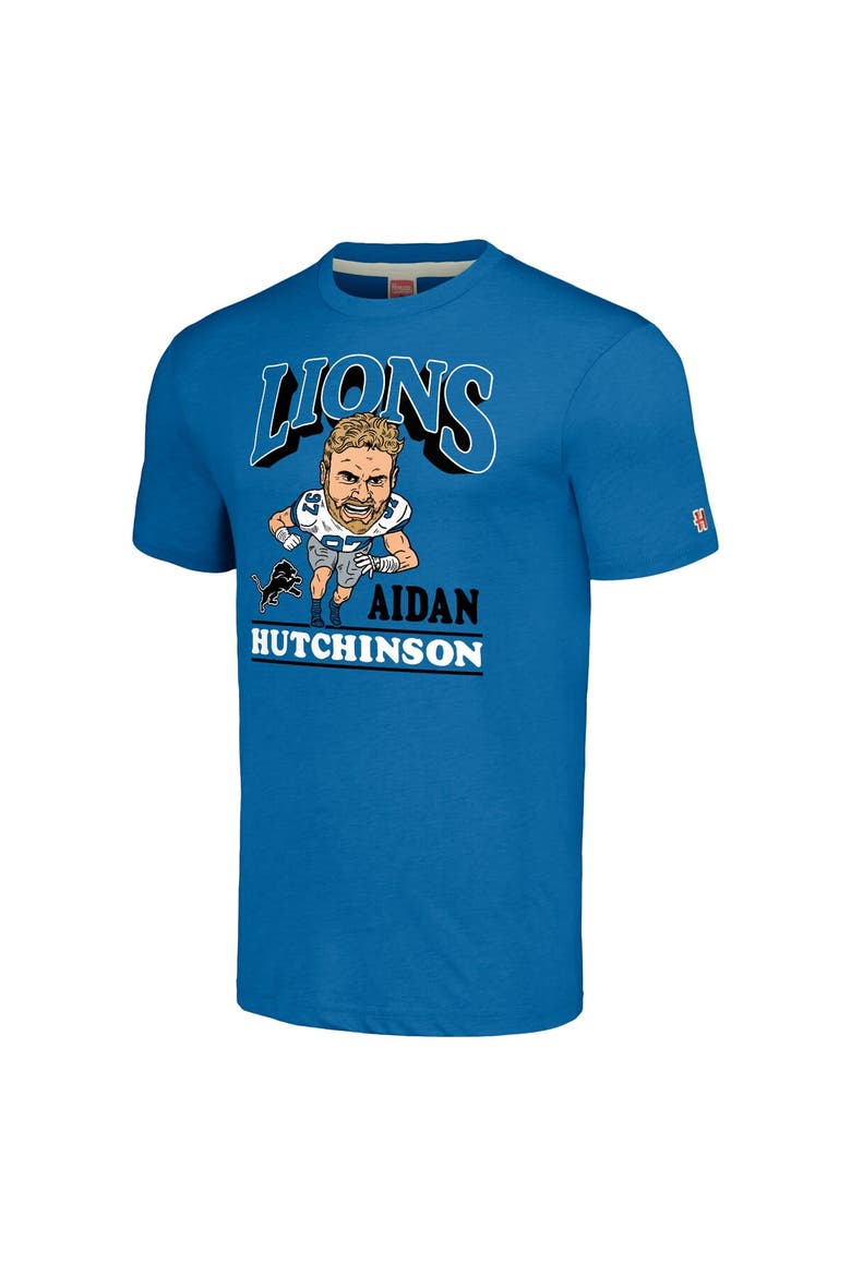Men's Homage Aidan Hutchinson Heathered Blue Detroit Lions Caricature Player Tri-Blend T-Shirt, Alternate, color, Blue
