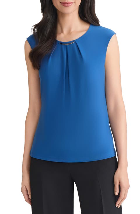 Metal Accent Gathered Neck Crepe Knit Top (Petite)
