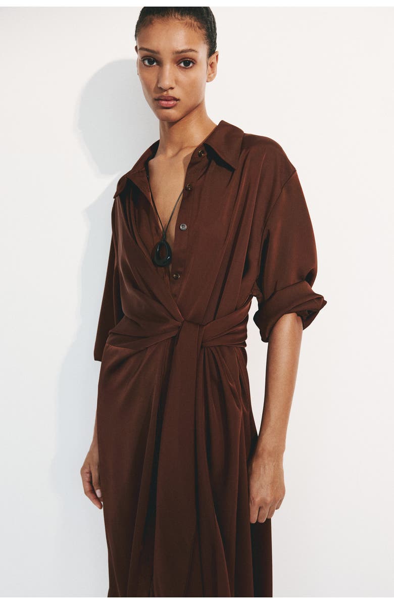 H&M Tie-detail shirt dress, Main, color, Rust Brown