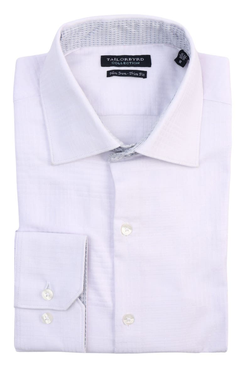 Trim Fit Textured Check Non-Iron Stretch Dress Shirt, Alternate, color, WHITE