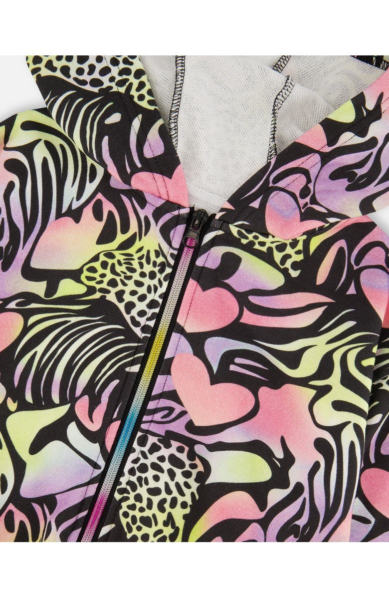 Deux par Deux Zip Front French Terry Long Sleeve Hoodie, Alternate, color, Black With Multicolored Print