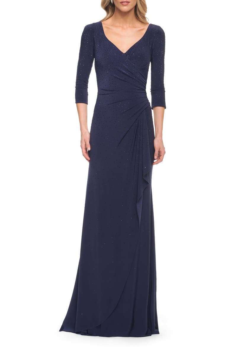 Elegant Jersey Dress with Ruching and Ruffle Detail, Main, color, NAVY