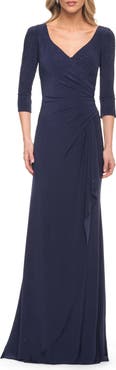 La Femme Elegant Jersey Dress with Ruching and Ruffle Detail