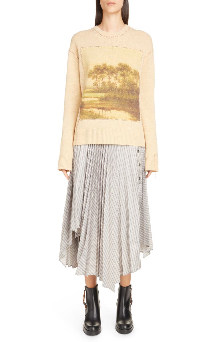 Acne Studios Ilia Asymmetrical Pleated Pinstripe Midi Skirt, Alternate, color, 