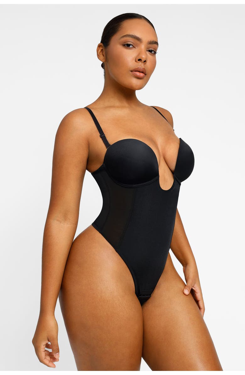 Shapellx Strapless U-Plunge Thong Shapewear Bodysuit, Alternate, color, Black