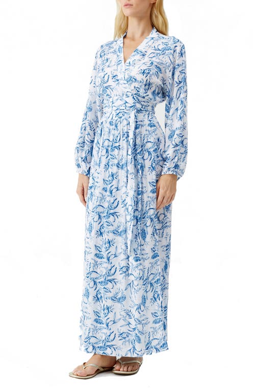 Shop Melissa Odabash Rachel Long Sleeve Cover-up Faux Wrap Dress In Blue Leaf