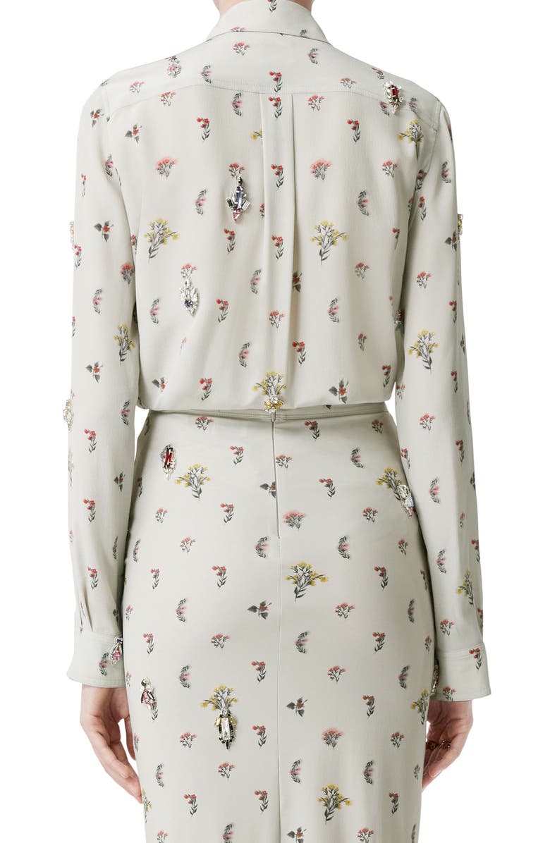 Burberry Paola Embellished Floral Embroidered Silk Button-Down Blouse, Alternate, color, 