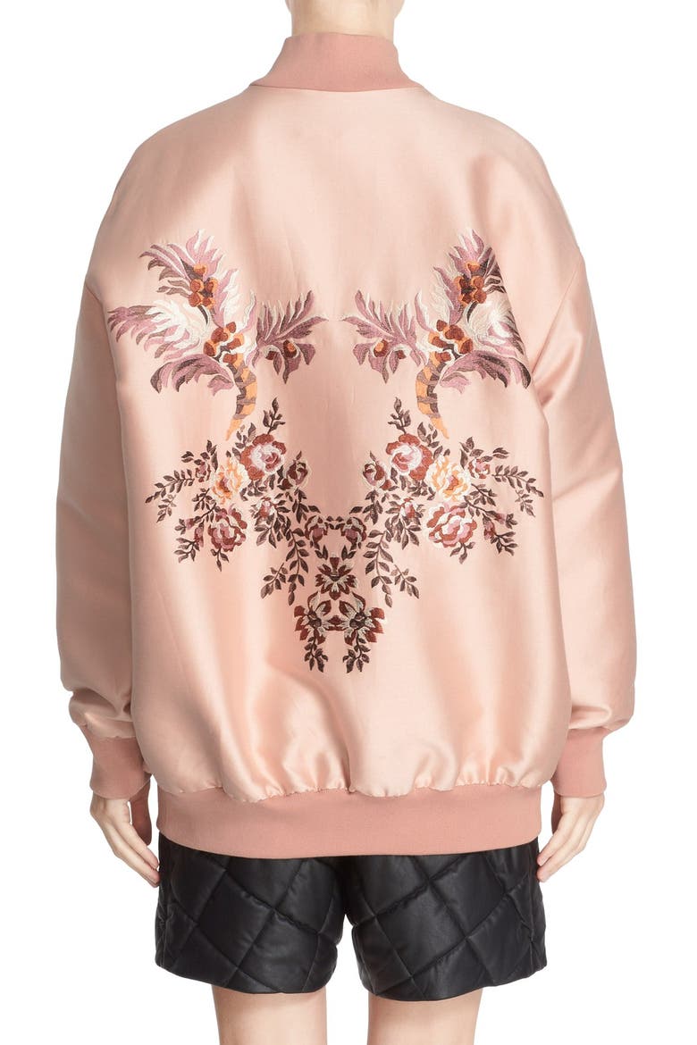 Floral Embroidered Duchesse Satin Bomber Jacket, Alternate, color, ROSE