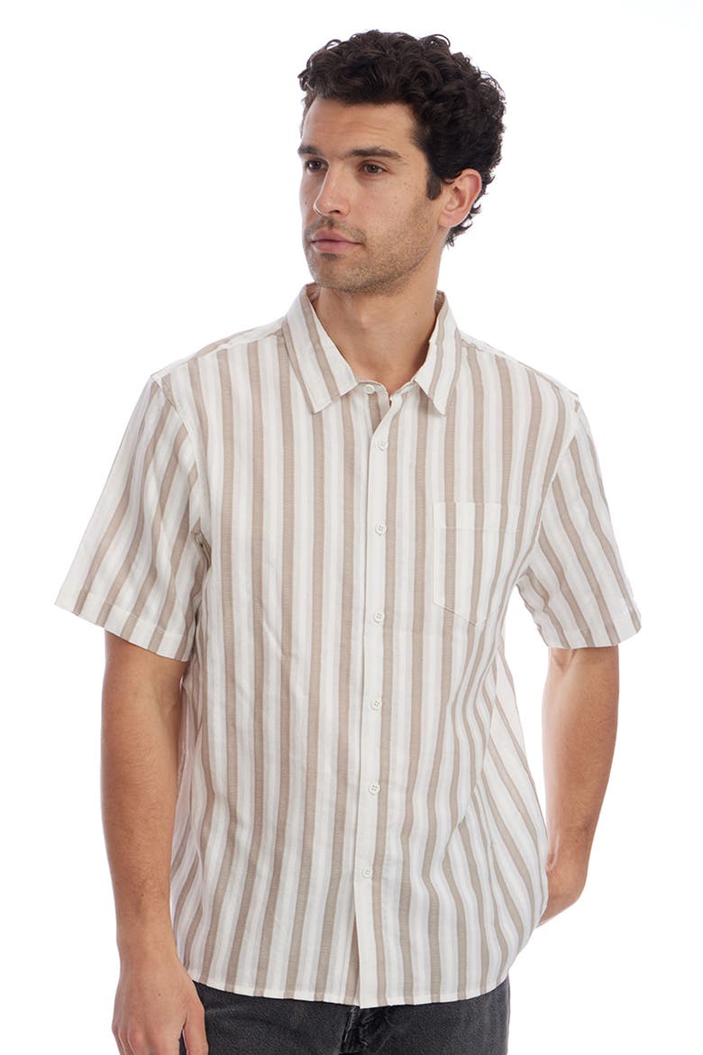 Stripe Jacquard Short Sleeve Cotton Button-Up Shirt, Alternate, color, TAN