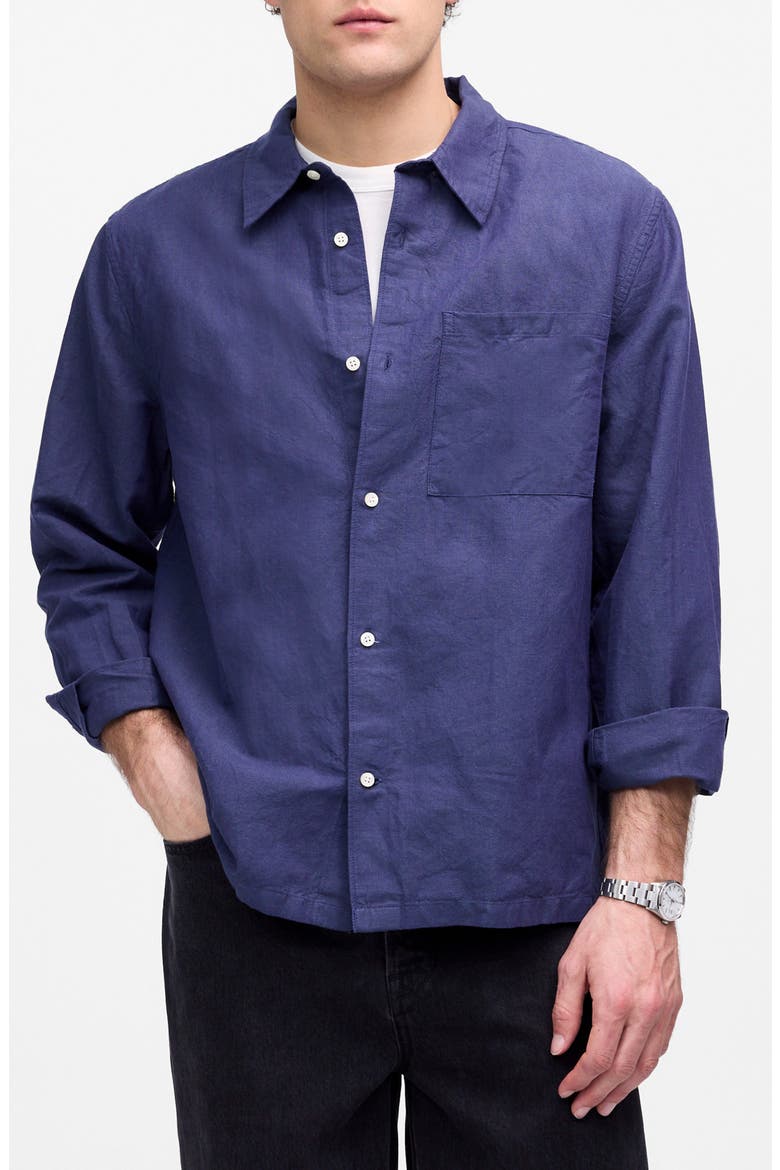 Stripe Linen & Cotton Button-Up Shirt, Main, color, DARK INDIGO