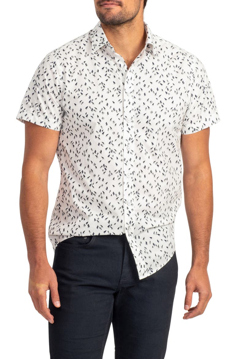 Richmond Bay Sports Fit Sailboat Print Short Sleeve Button-Up Shirt, Main, color, SNOW