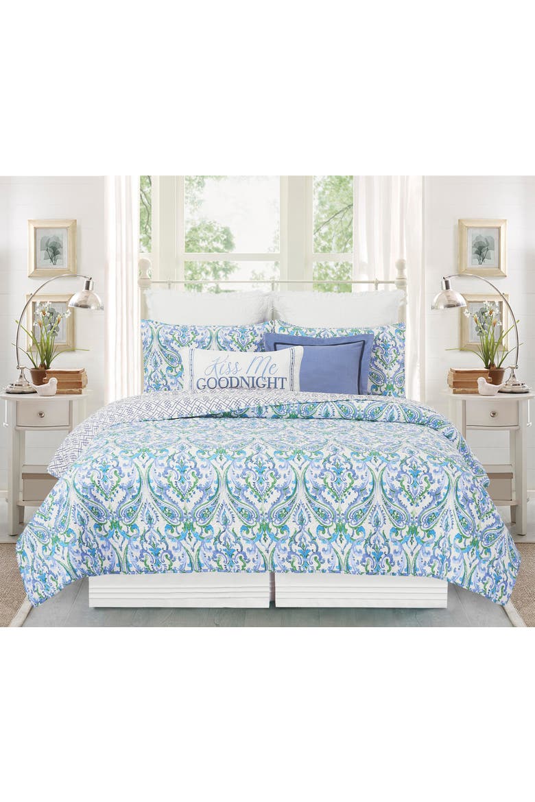 Juliet Damask Cotton Quilt Set - Reversible and Machine Washable, Alternate, color, Blue