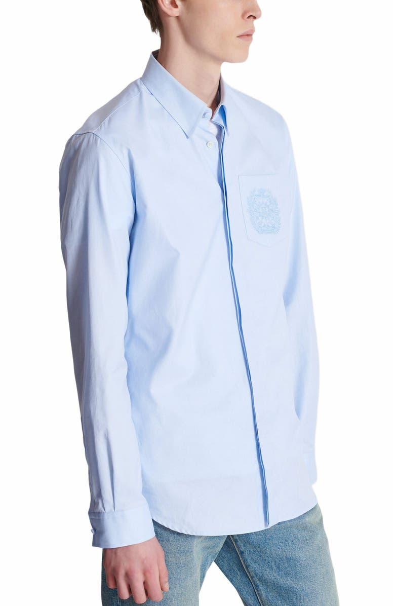 Balmain Écusson Embroidered Cotton Shirt, Alternate, color, Blue