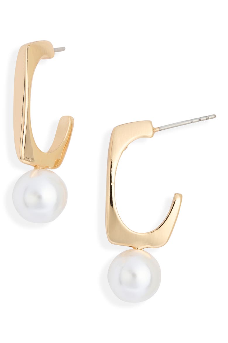 Freshwater Pearl Drop Hoop Earrings, Main, color, WHITE- GOLD