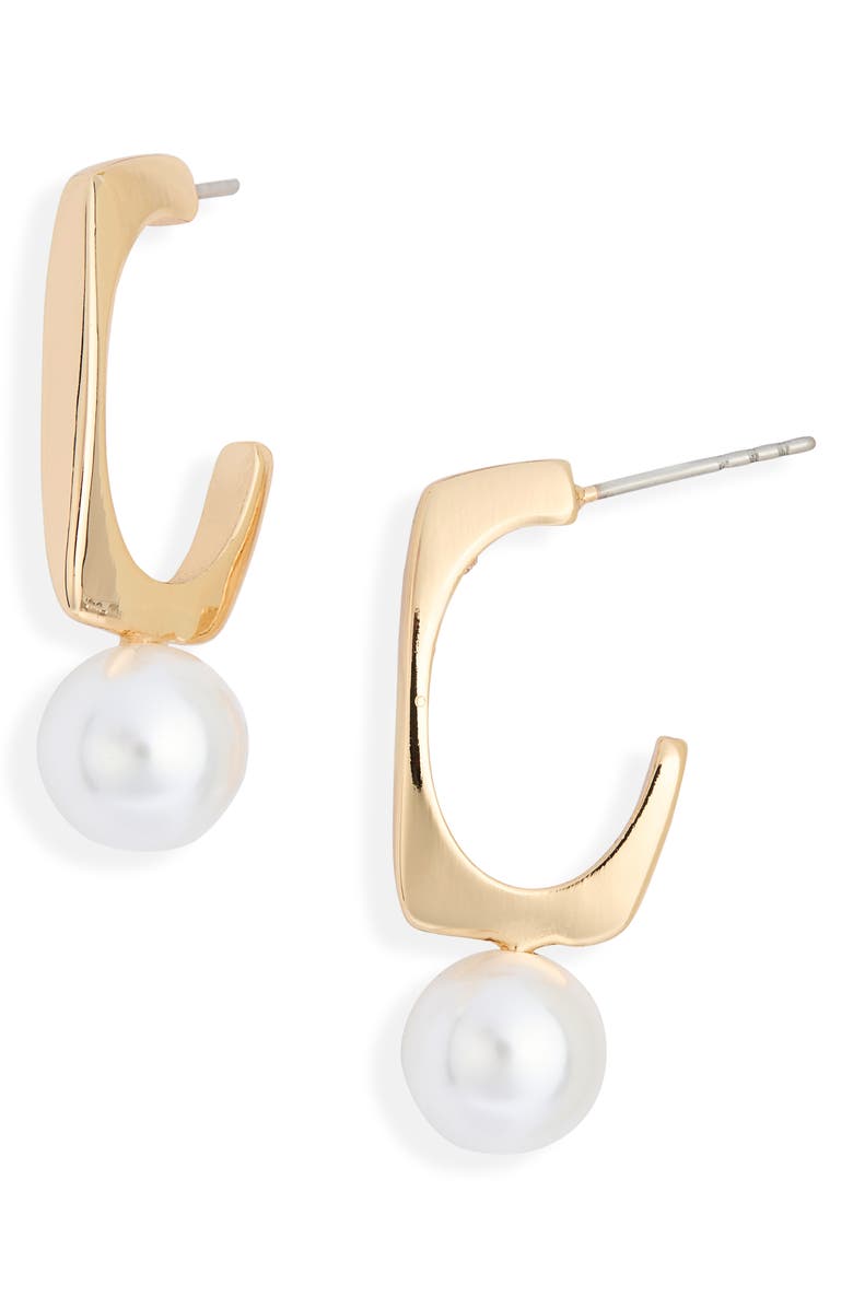 NORDSTROM RACK Freshwater Pearl Drop Hoop Earrings, Main, color, White- Gold