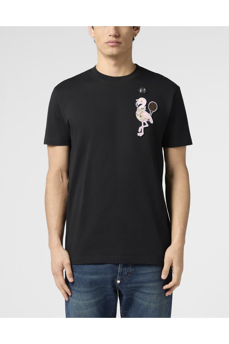 Round Neck T-Shirt Tennis Flamingo Patch Men, Main, color, black