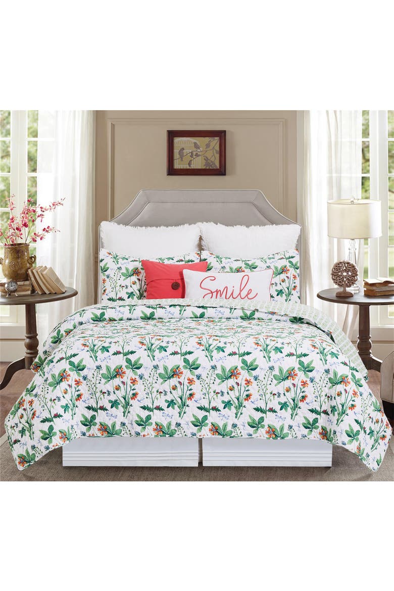Clover Bug Spring Floral Cotton Quilt Set  - Reversible and Machine Washable, Alternate, color, Green