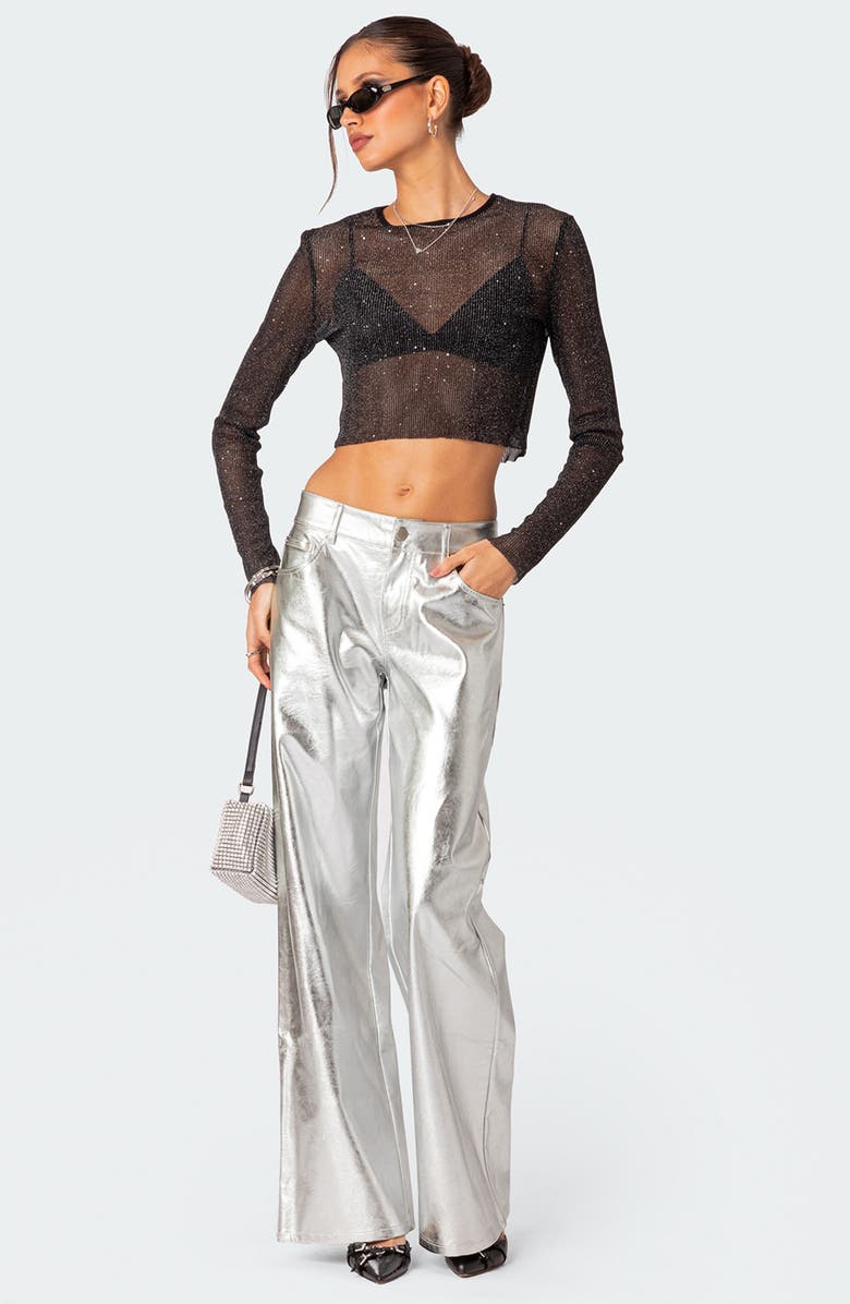 EDIKTED Marly Sequin Sheer Crop Top, Alternate, color, Black