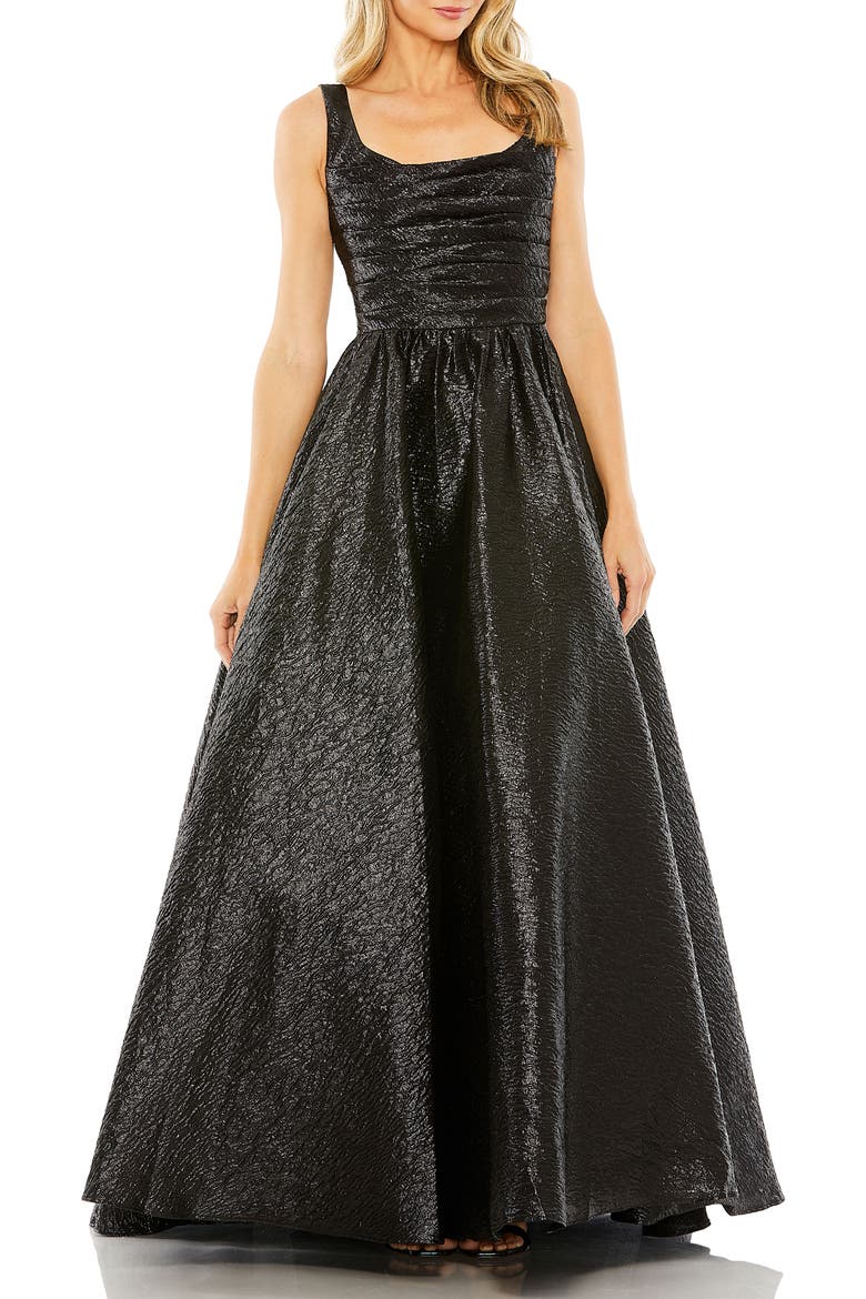 Metallic Pleated Bodice Ballgown, Main, color, Black