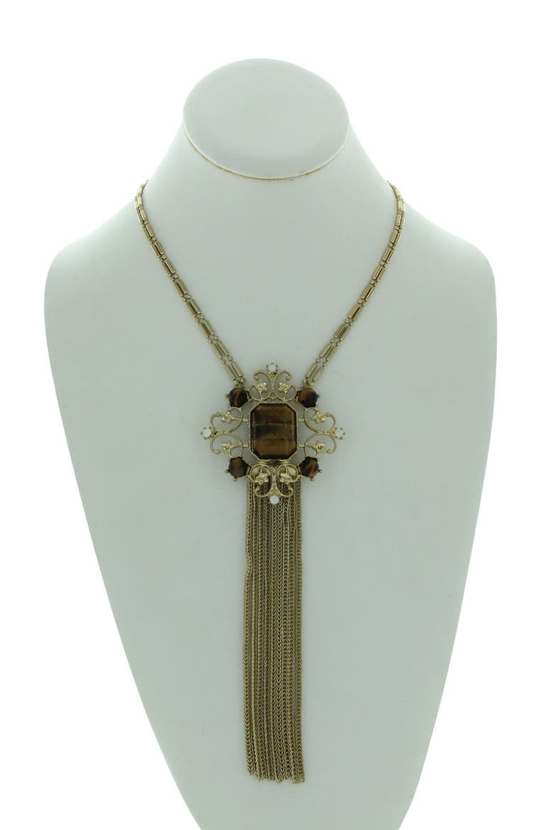 Double Strand Marled Stone Tassel Necklace, Alternate, color, GOLD / BROWN