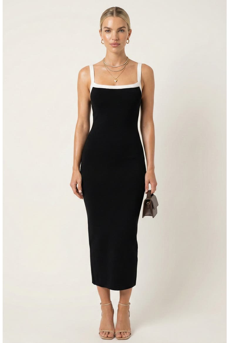 Square Neck Contrast Trim Midi Dress, Main, color, Black / White