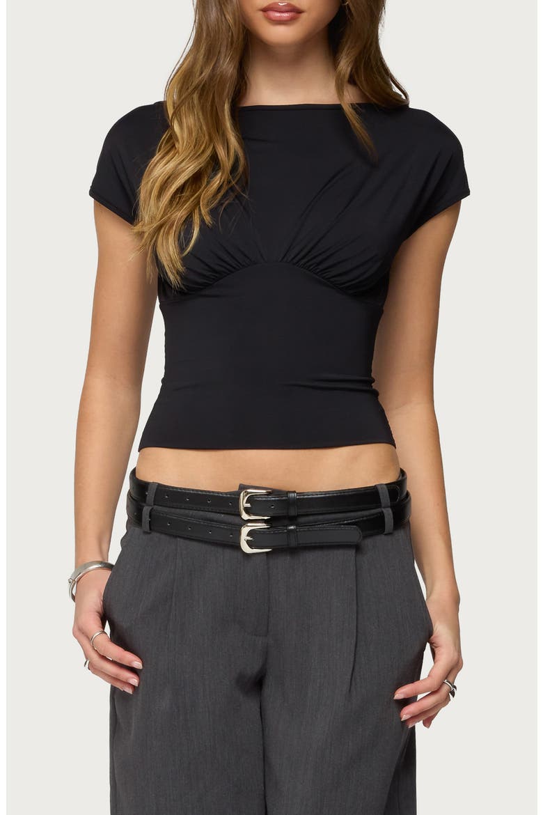 Leonah Ruched Boat Neck Crop Top, Main, color, BLACK