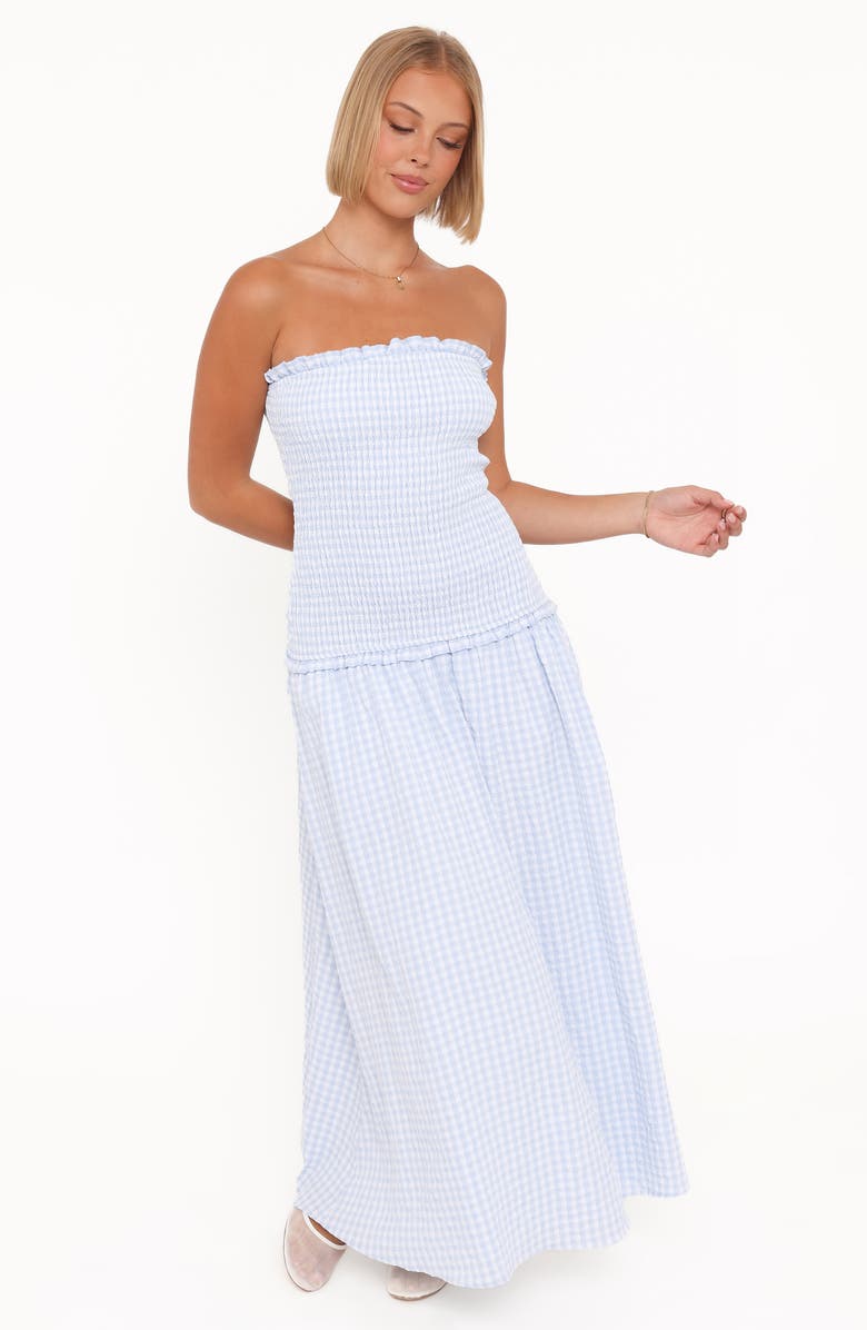 Petal & Pup Parkway Gingham Smocked Strapless Maxi Dress, Alternate, color, Blue Gingham