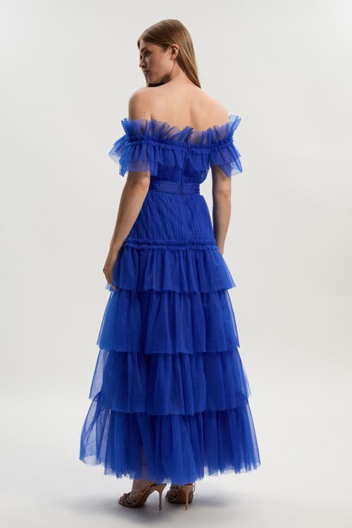 Karen Millen Tulle Off Shoulder Maxi Dress In Blue