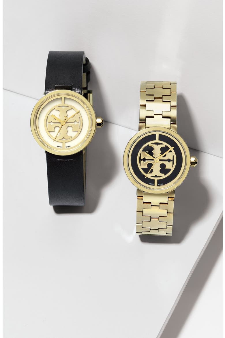 'Reva' Logo Dial Leather Strap Watch, 28mm, Alternate, color, NAVY/ GOLD