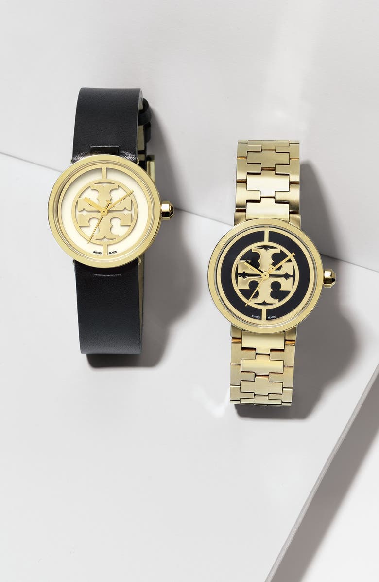 Tory Burch 'Reva' Logo Dial Leather Strap Watch, 28mm, Alternate, color, 