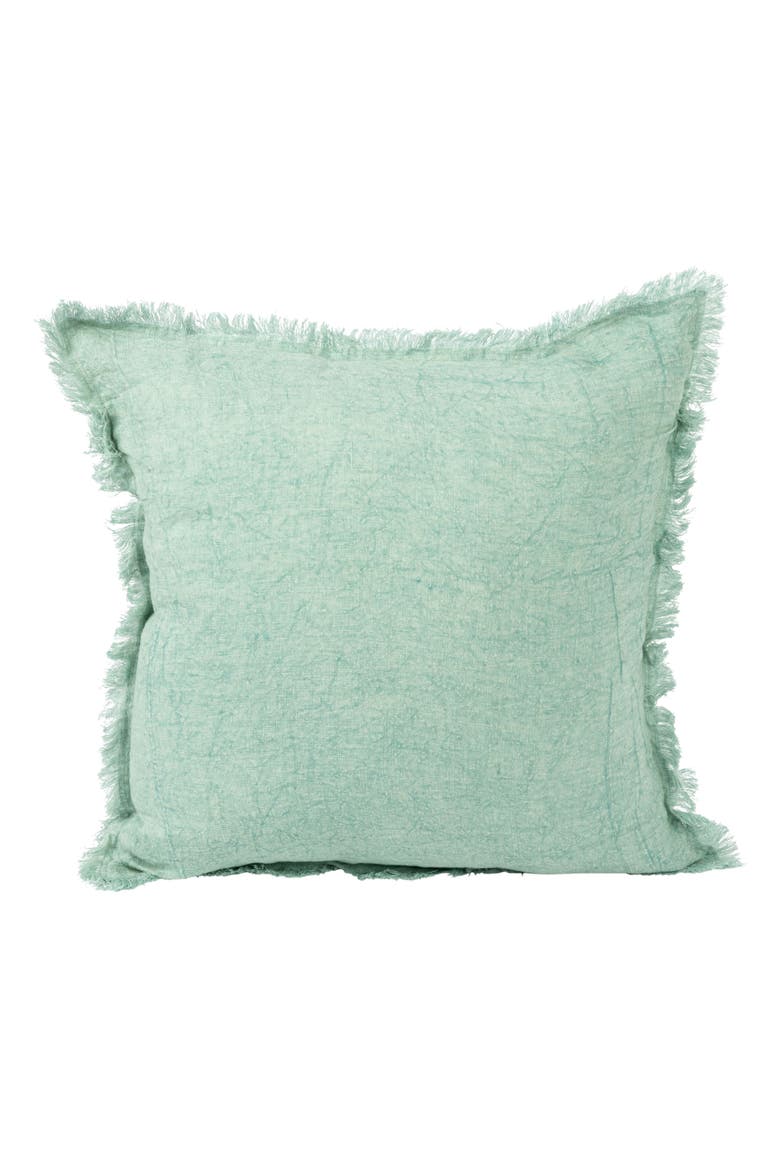 Square Stonewashed Linen Pillow with Fringe, Mint, Alternate, color, Blue