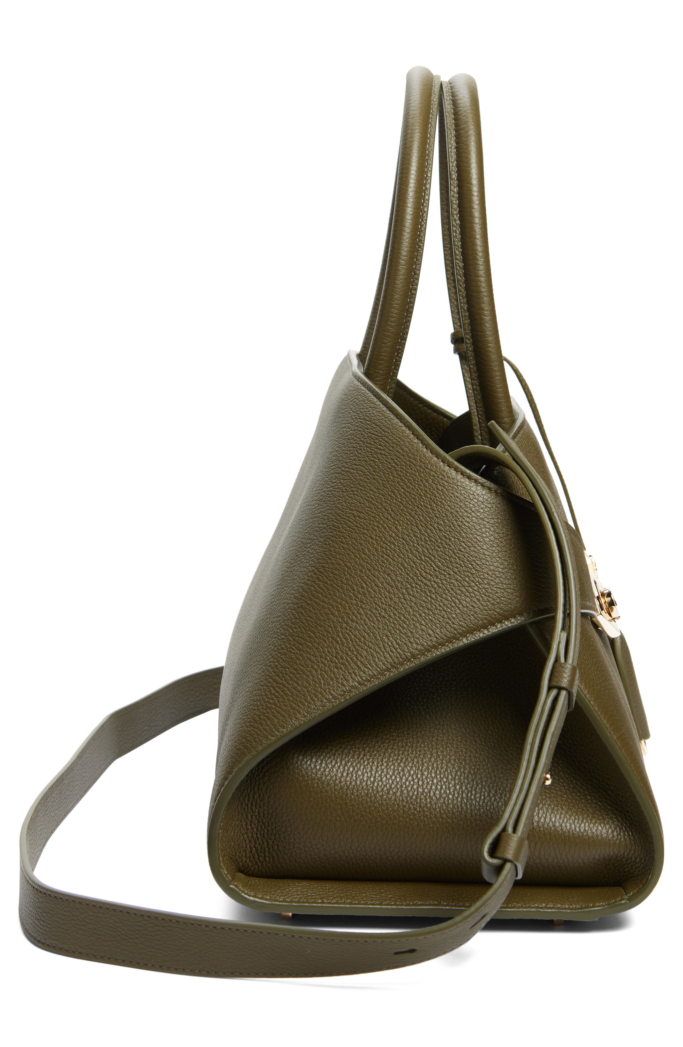 FERRAGAMO Small Hug Grained Leather Top Handle Bag, Alternate, color, New Olive