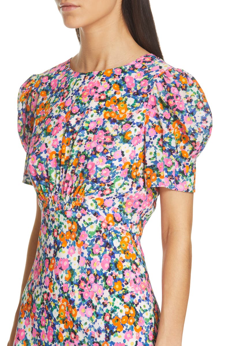 SALONI Bianca Puff Sleeve Silk Midi Dress, Alternate, color, Pink Rosette