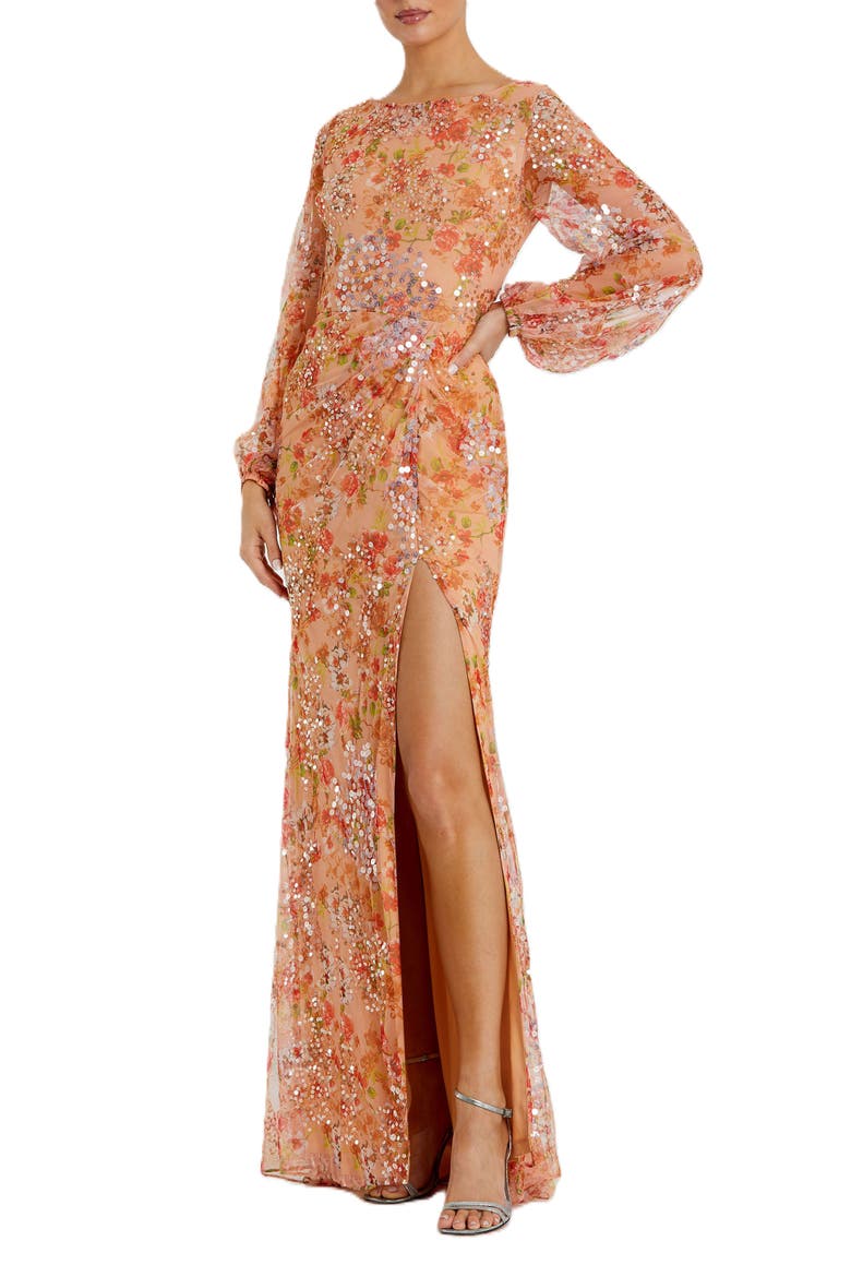 Floral Print Sequined Puff Sleeve Gown, Main, color, Apricot
