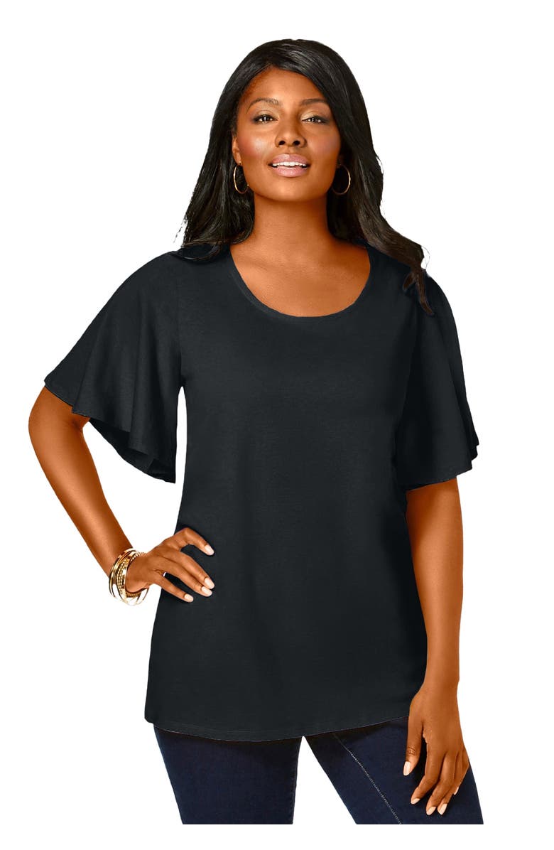 Jessica London Stretch Knit Flutter Sleeve Tunic, Main, color, Black