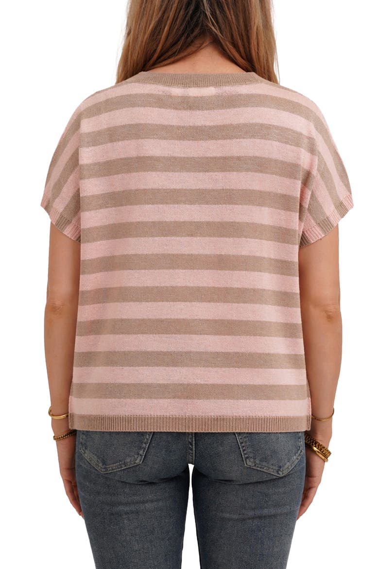 Striped V Neck Cap Sleeve Sweater, Alternate, color, TAUPE/ LACE PINK