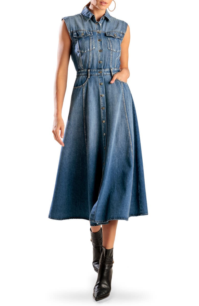 FREEMARKET Sleeveless Washed Denim Midi Dress, Alternate, color, 