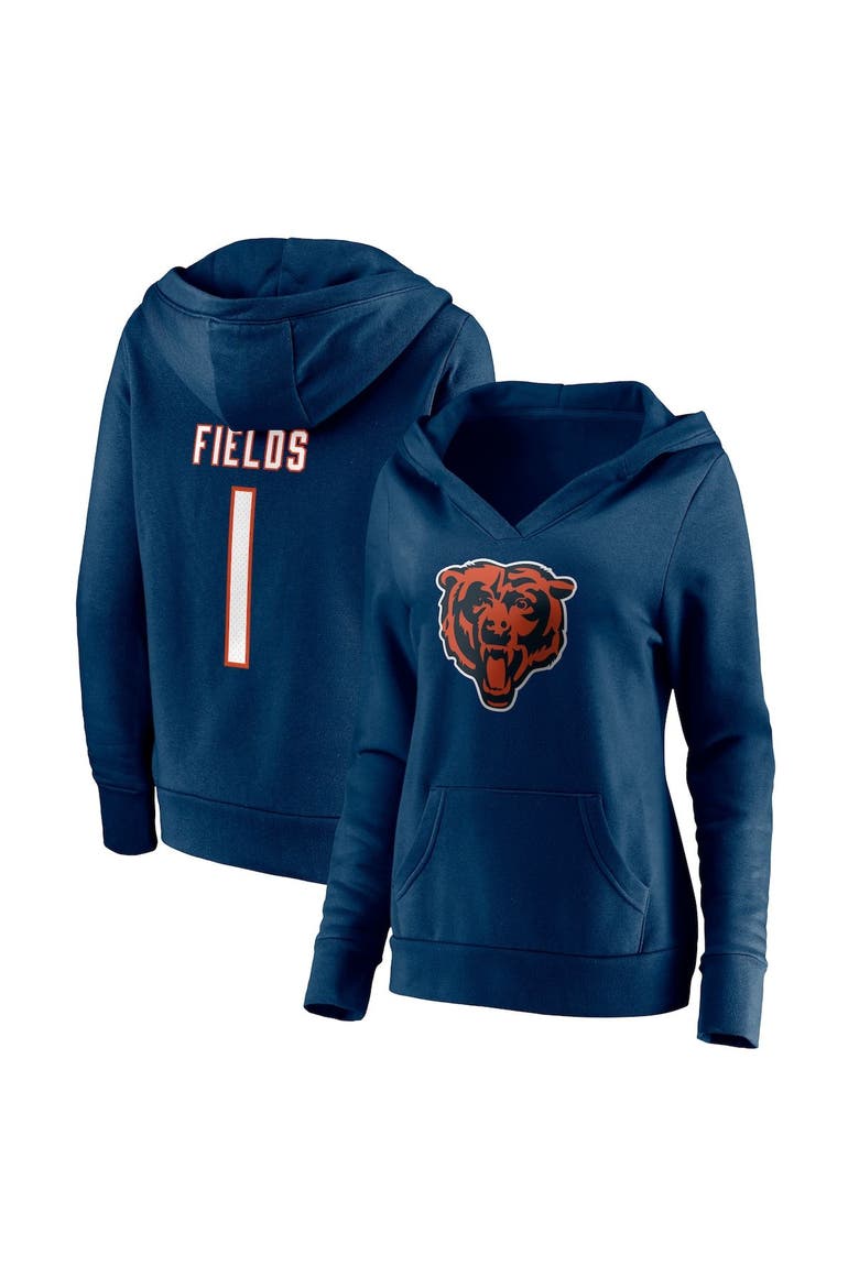 Women's Fanatics Branded Justin Fields Navy Chicago Bears Player Icon Name & Number V-Neck Pullover Hoodie, Alternate, color, Navy