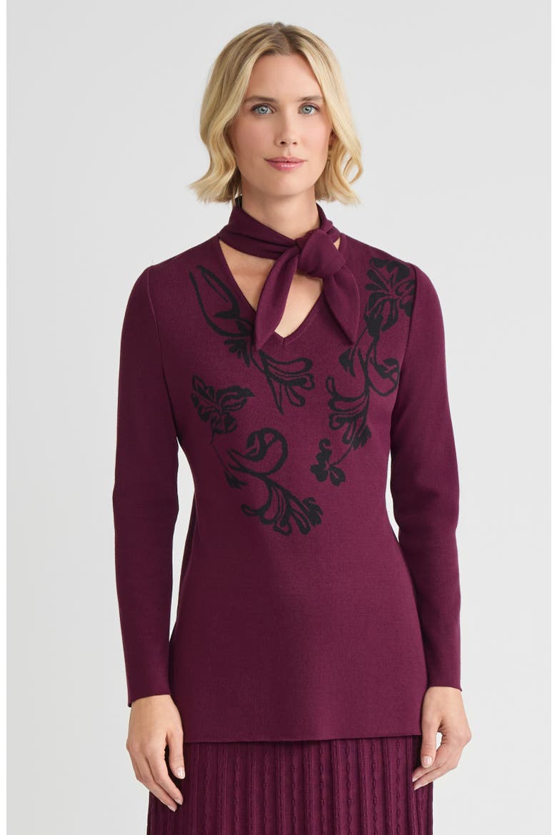 Tie-Neck Floral Jacquard Soft Knit Tunic, Main, color, Midnight Violet/Black