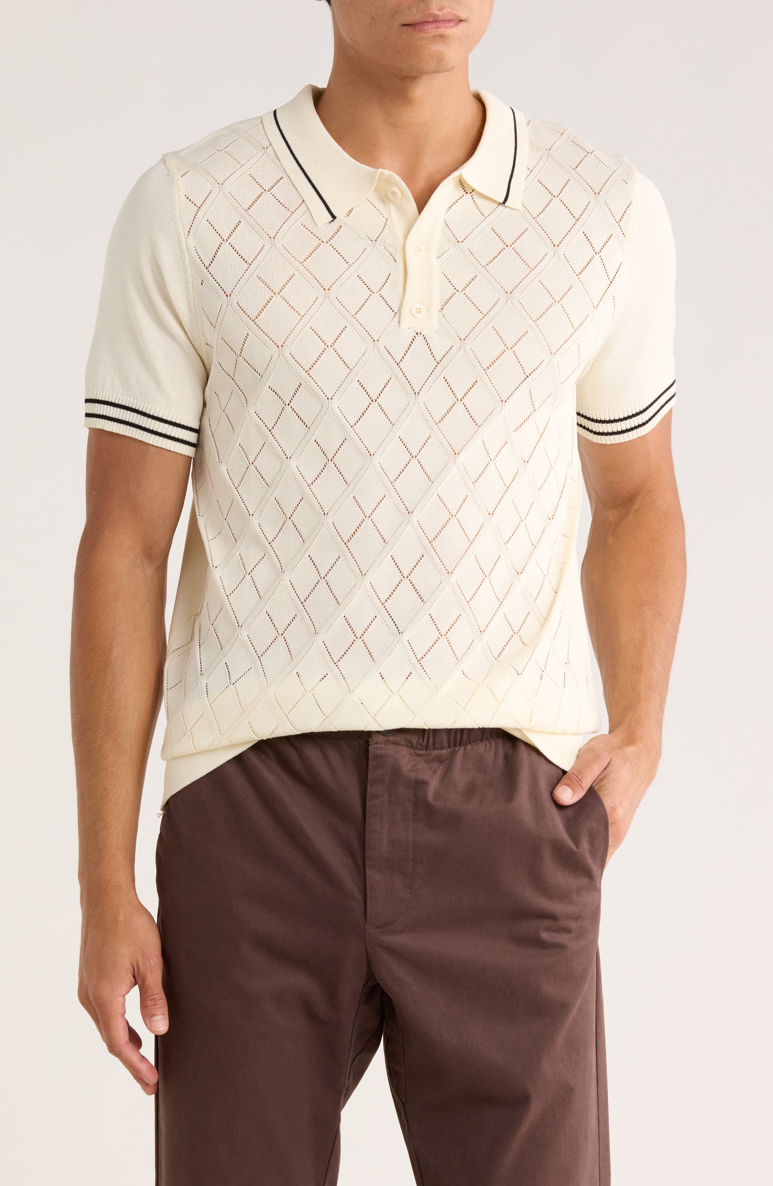 T.R. PREMIUM Tipped Diamond Knit Short Sleeve Sweater