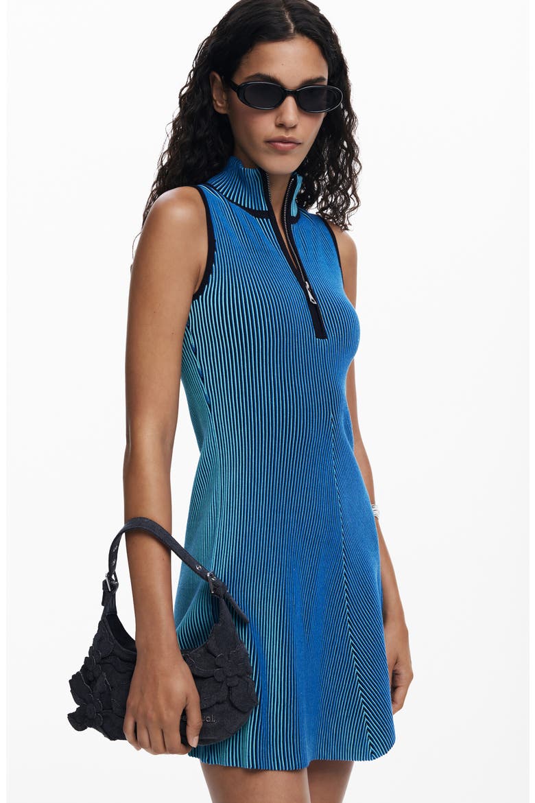Sleeveless Rib Half Zip Minidress, Alternate, color, BLUE