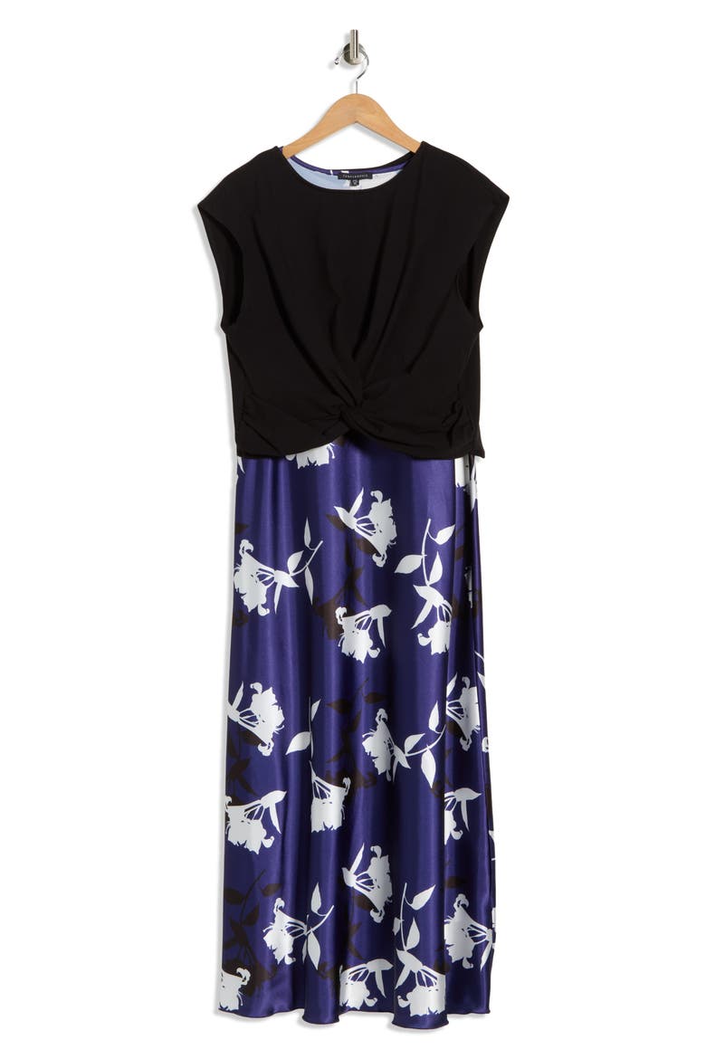 Twist Knit & Satin Midi Dress, Alternate, color, NAVY/WHITE