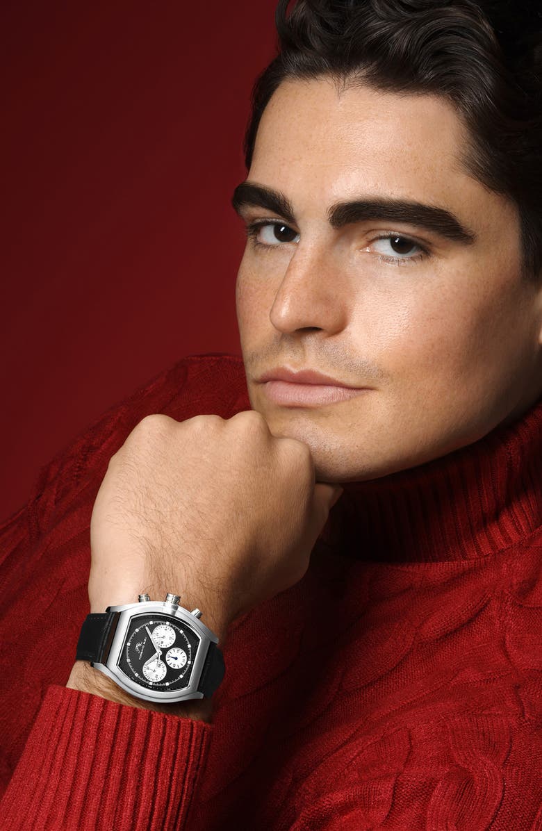 PORSAMO BLEU Roman Chronograph Croc Embossed Leather Strap Watch, 42mm, Alternate, color, Black