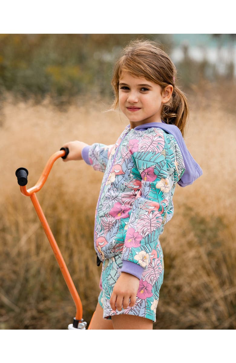 Deux par Deux Girl's Printed French Terry Hoodie Cardigan Lilac Tropical And Pink Flamingos, Alternate, color,