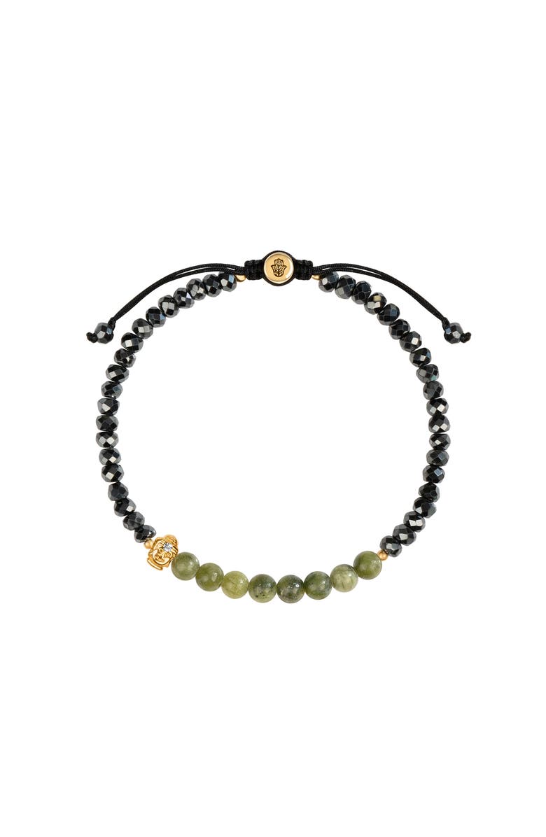 Karma and Luck Jade Buddha Charm Hematite Beaded Adjustable Bracelet Enlightened Approach, Main, color, Black/Green/Gold