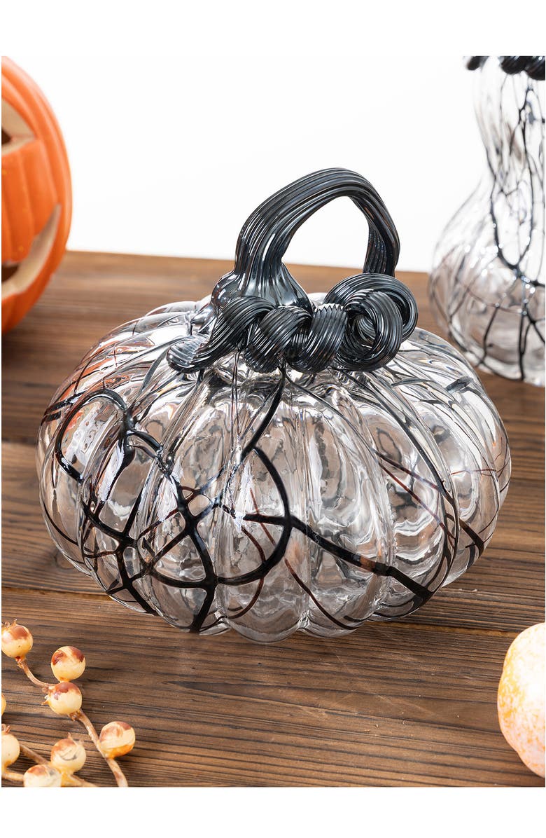 Glitzhome Halloween Abstract Black and White Glass Pumpkin, Alternate, color, Black