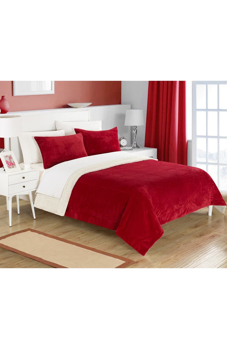 CHIC King Evelyn Faux Shearling Lined Blanket Set - Burgundy, Alternate, color, 