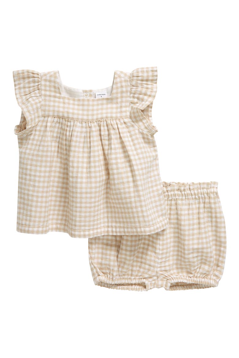 Cotton Gingham Top & Bloomers, Main, color, BEIGE OYSTER GINGHAM